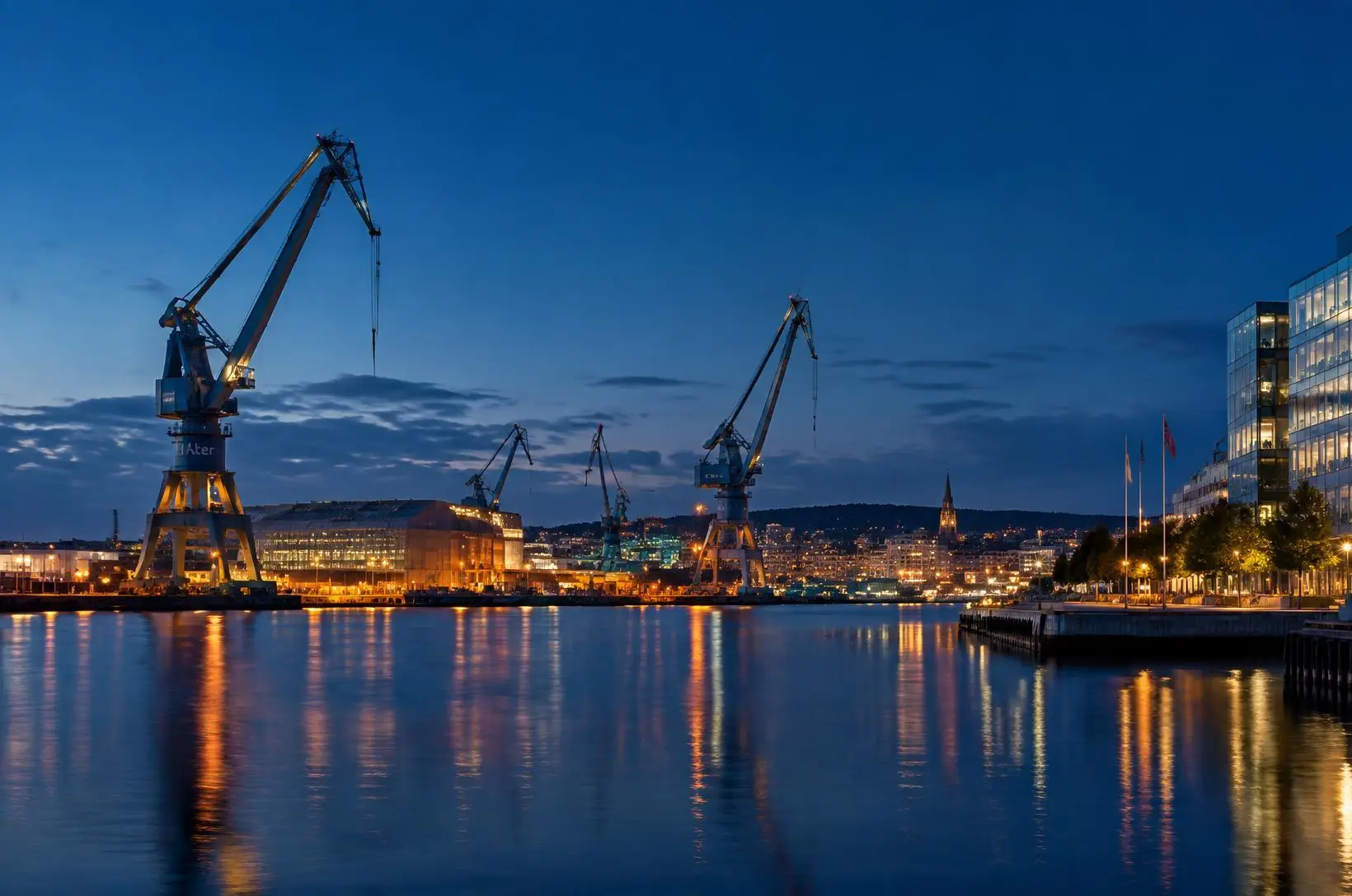 Nordic port city at blue hour with shipyard cranes and office buildings.