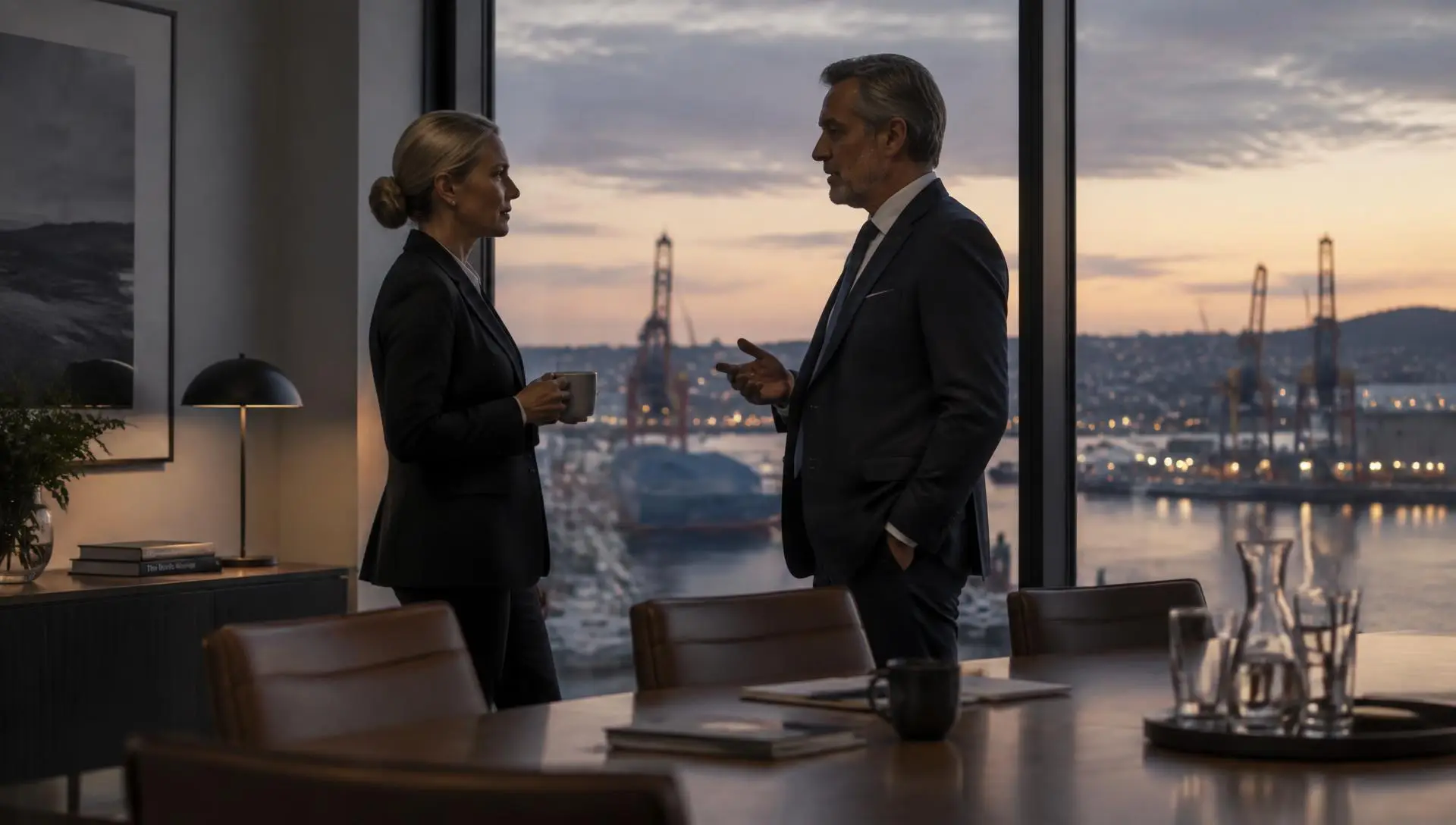 Two business leaders in conversation in a Nordic boardroom overlooking a harbour at dusk.