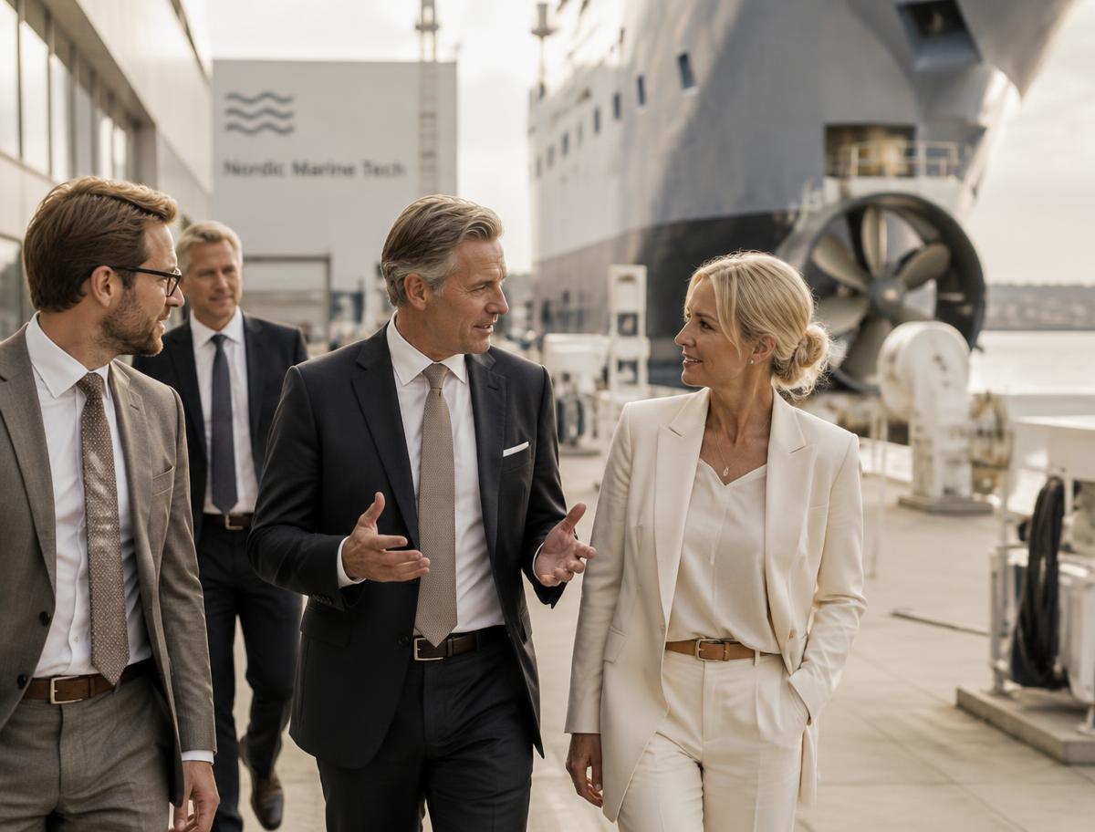 Business leaders in conversation at a Nordic marine technology facility.