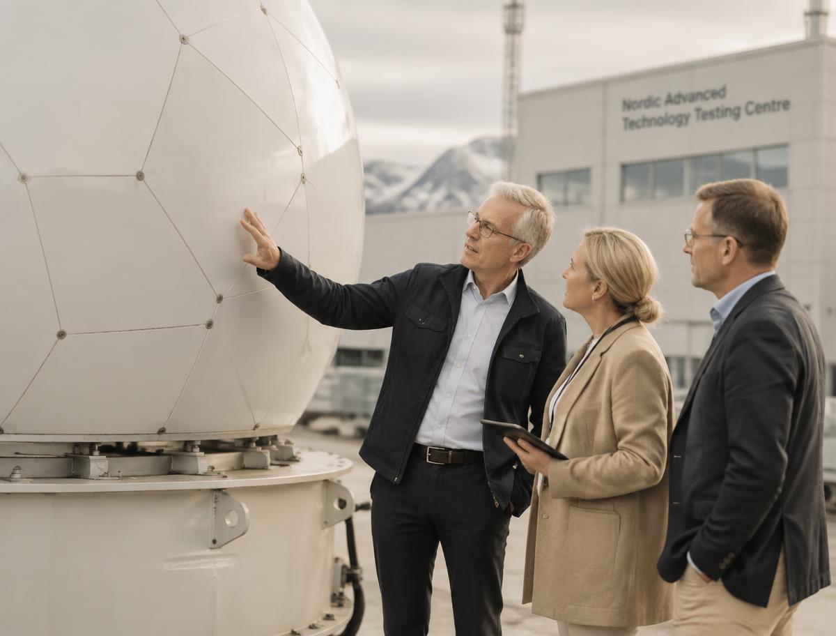 Engineers inspecting a radar installation at a Nordic technology centre.
